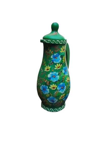 Χειροποίητη Ξύλινη Κανάτα Με Ζωγραφιστά Λουλούδια – Πράσινη